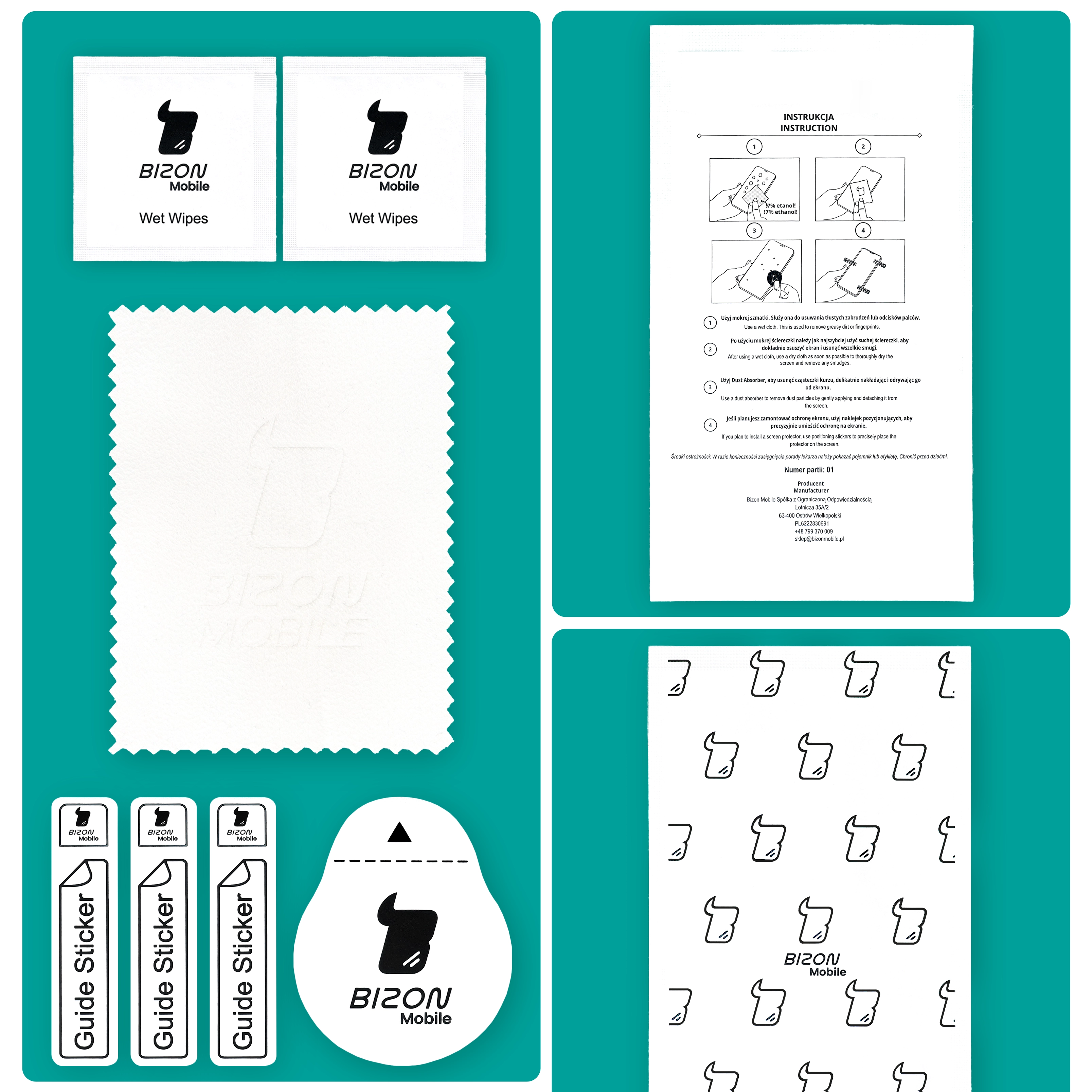 Zawartość opakowania zestawu folii hydrożelowych na telefon Bizon Glass Hydrogel Pack