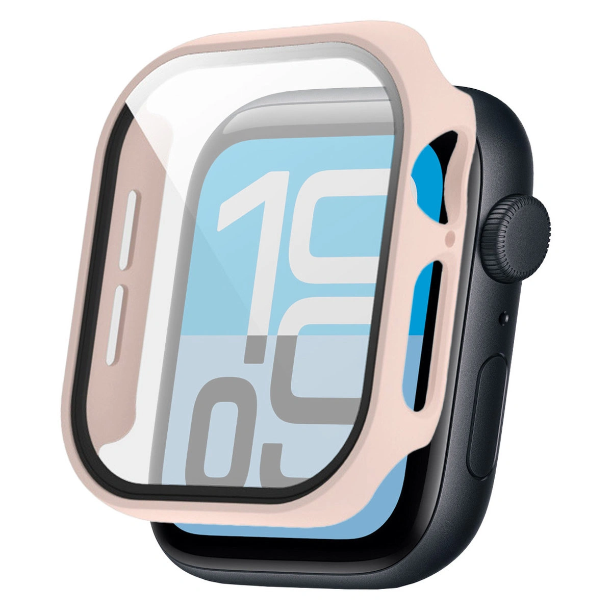 Wizualizacja nakładania etui Bizon Case+Glass Watch do Apple Watch SE 3 / SE 2 / SE / 6 / 5 / 4 (44 mm)