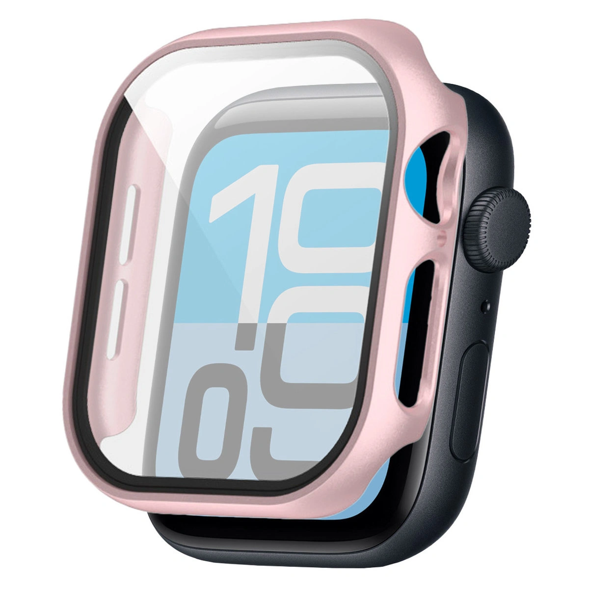 Wizualizacja nakładania etui Bizon Case+Glass Watch do Apple Watch SE 3 / SE 2 / SE / 6 / 5 / 4 (44 mm)