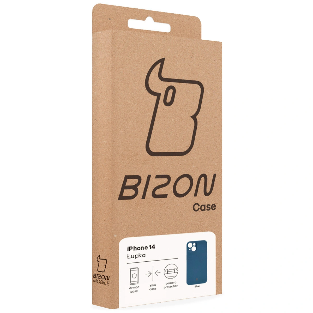 Fața cutiei Bizon Case cu eticheta dedicată pentru Apple iPhone 14