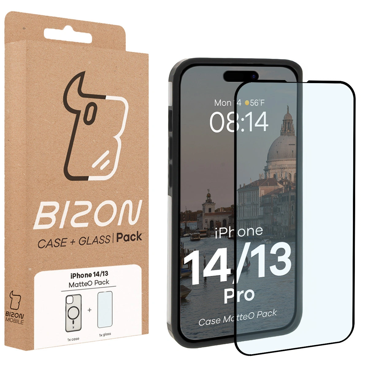 Przód pudełka Bizon Case Matteo Pack z dedykowaną etykietą do Apple iPhone 14 / Apple iPhone 13