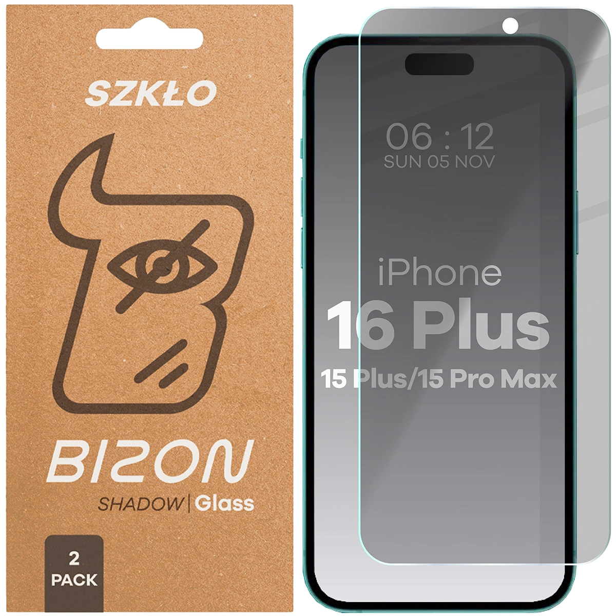Pudełko i szkło prywatyzujące Bizon Glass Clear Shadow Duo do Apple iPhone 15 Plus / Apple iPhone 15 Pro Max / Apple iPhone 16 Plus