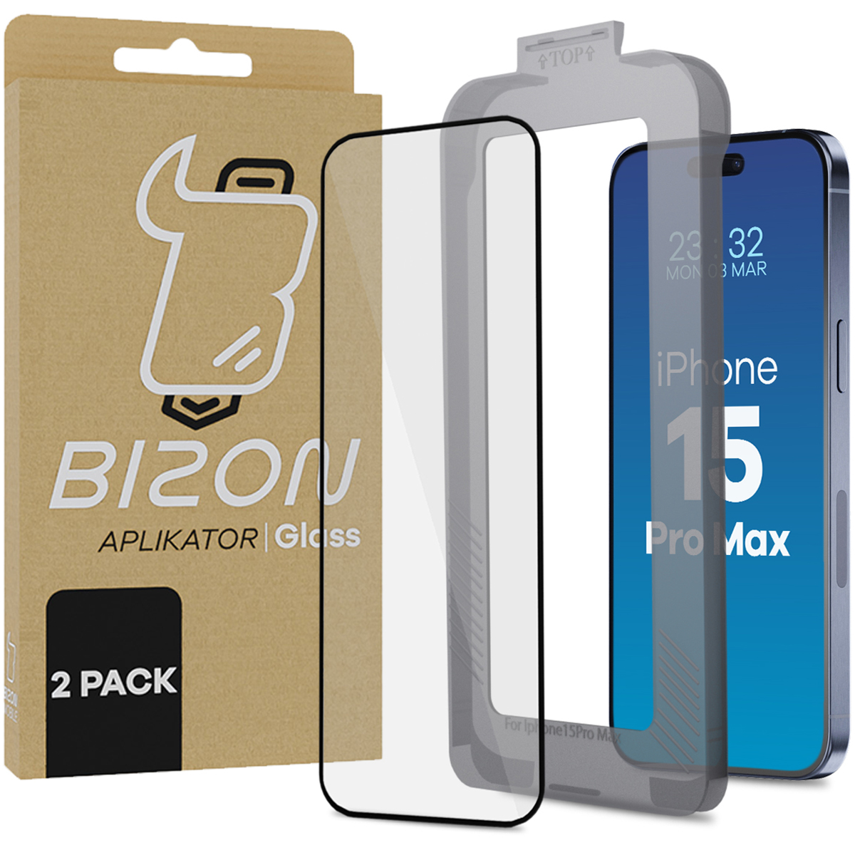 Szkło hartowane z ramką do montażu Bizon Glass Aplikator do iPhone 15 Pro Max, 2 sztuki