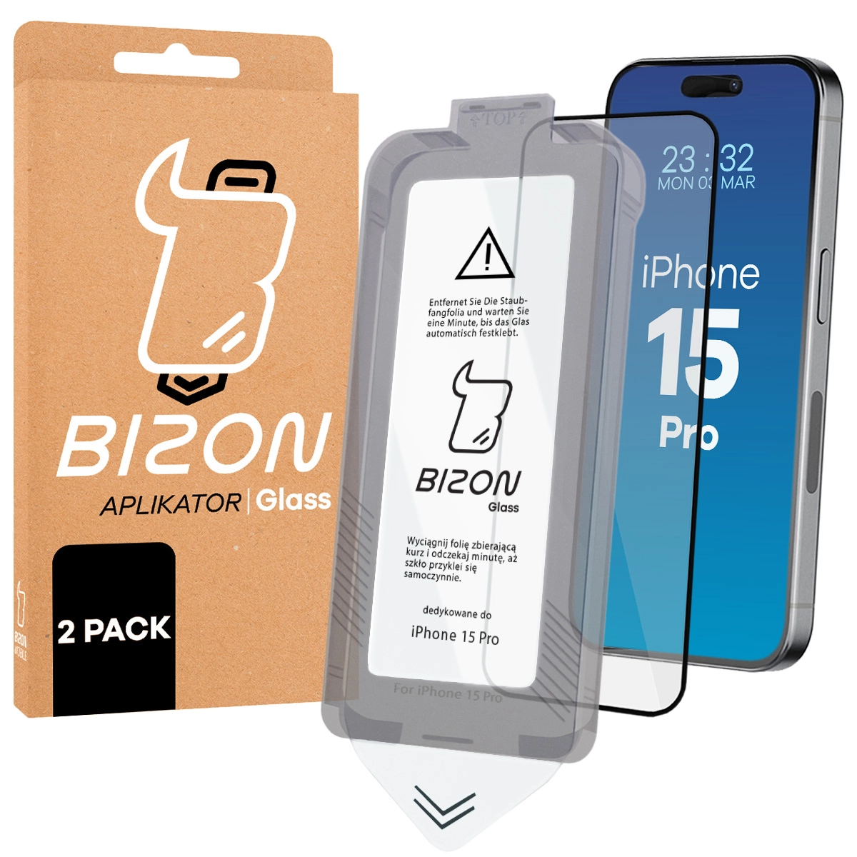 Szkło do łatwej aplikacji Bizon Glass Aplikator dla iPhone 15 Pro