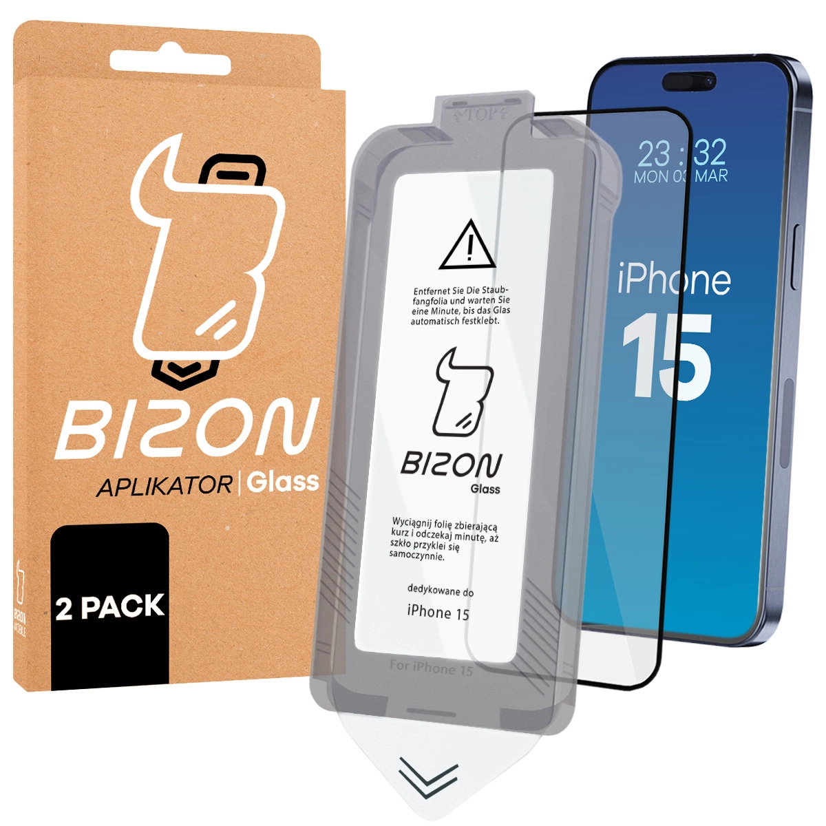 Szkło do łatwej aplikacji Bizon Glass Aplikator dla iPhone 15
