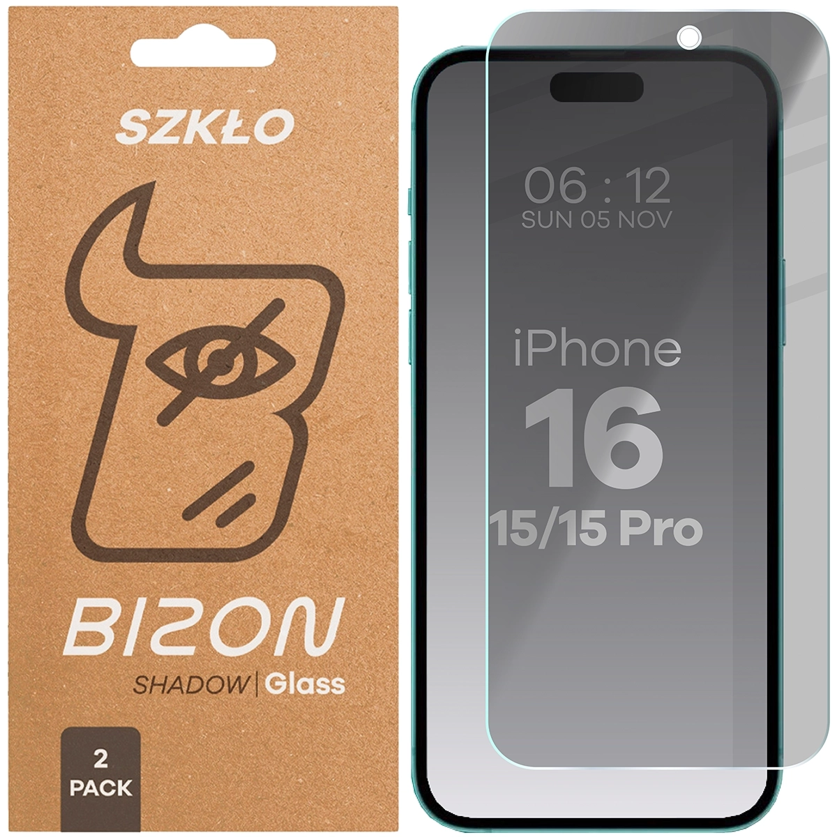 Pudełko i szkło prywatyzujące Bizon Glass Clear Shadow Duo do Apple iPhone 15 / Apple iPhone 15 Pro / Apple iPhone 16 