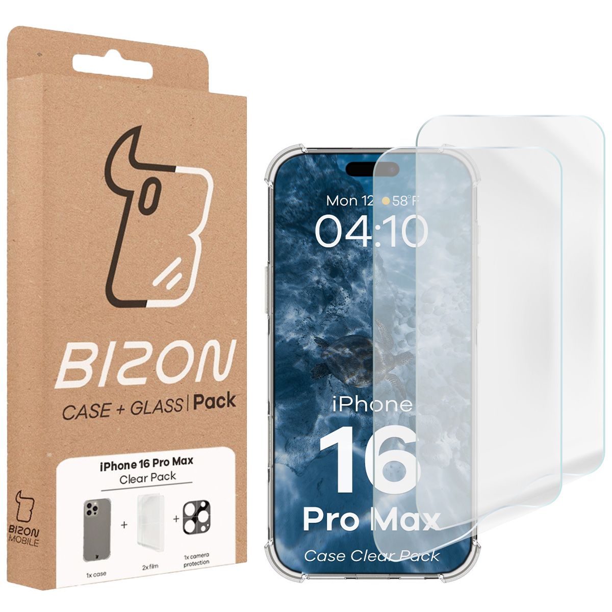 Przód pudełka Bizon Case+Glass z dedykowaną etykietą do iPhone 16 Pro Max