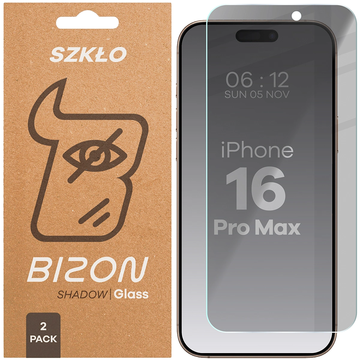 Pudełko i szkło prywatyzujące Bizon Glass Clear Shadow Duo do Apple iPhone 16 Pro Max
