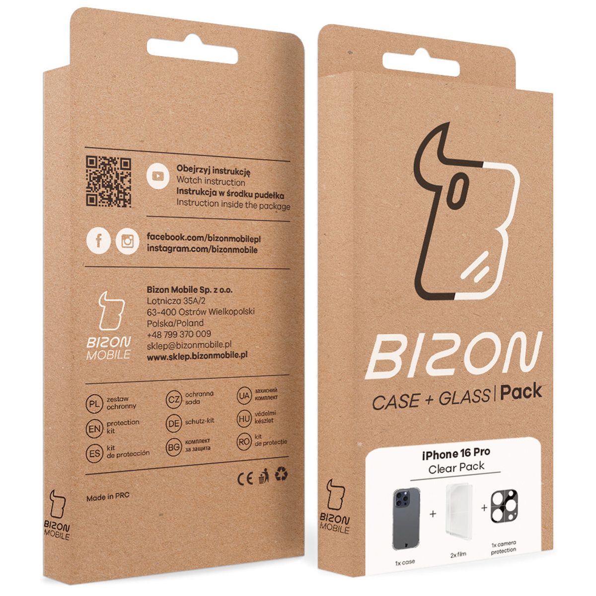 Kraftowe pudełko Bizon Case+Glass z dedykowaną etykietą do iPhone 16 Pro