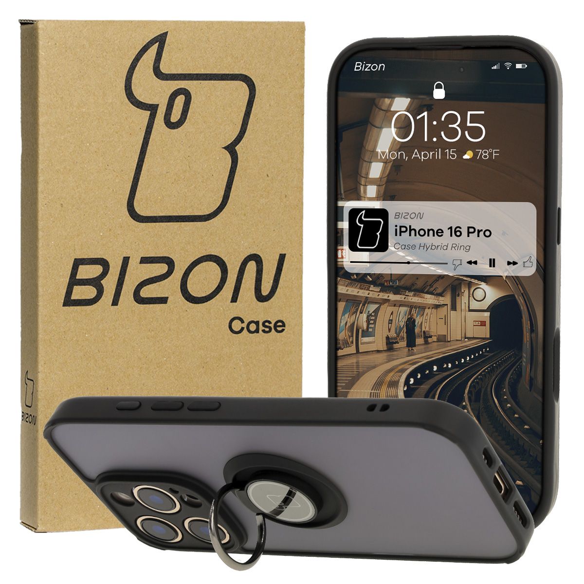 Etui z uchwytem na palec Bizon Case Hybrd Ring do Apple iPhone 16 Pro