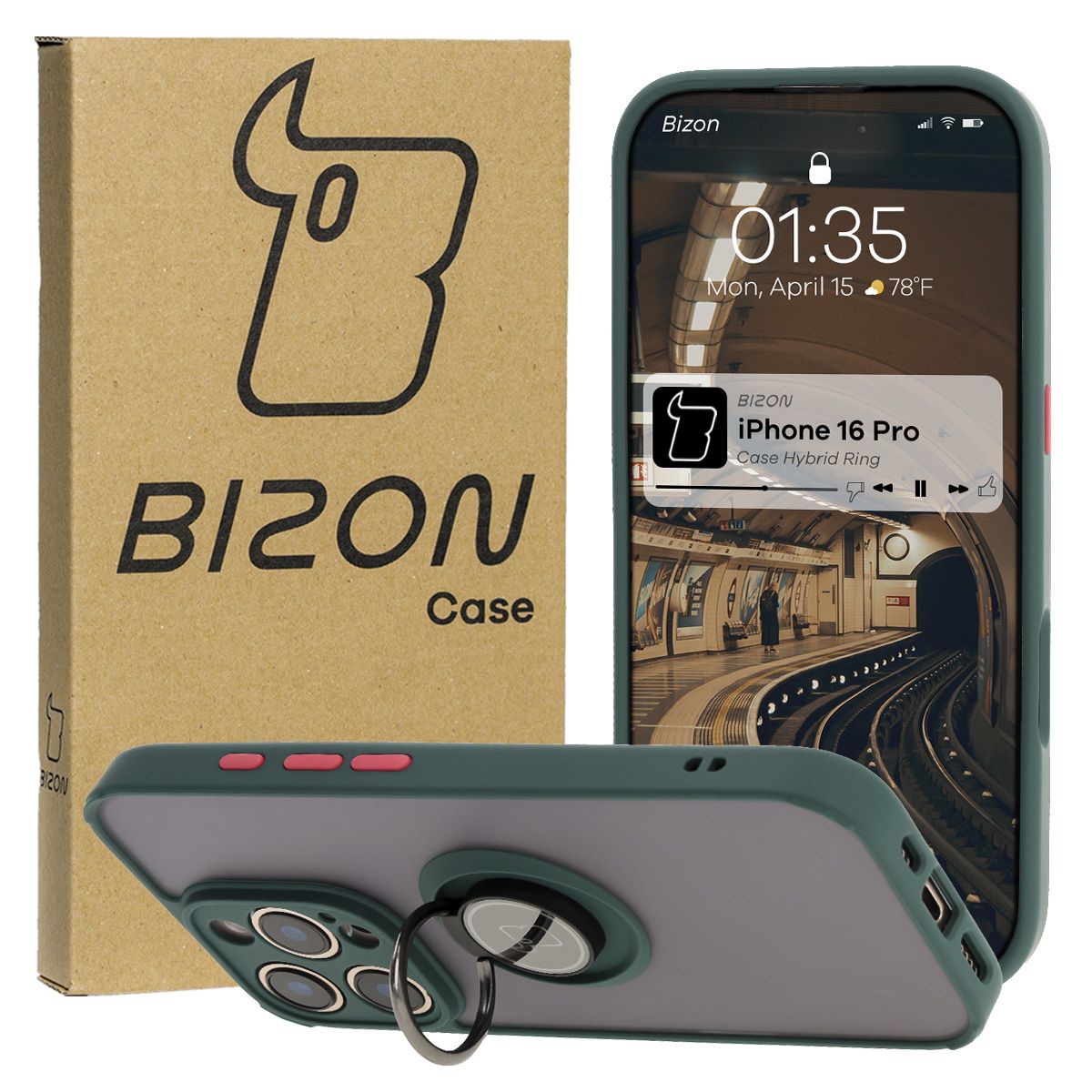 Etui z uchwytem na palec Bizon Case Hybrd Ring do Apple iPhone 16 Pro