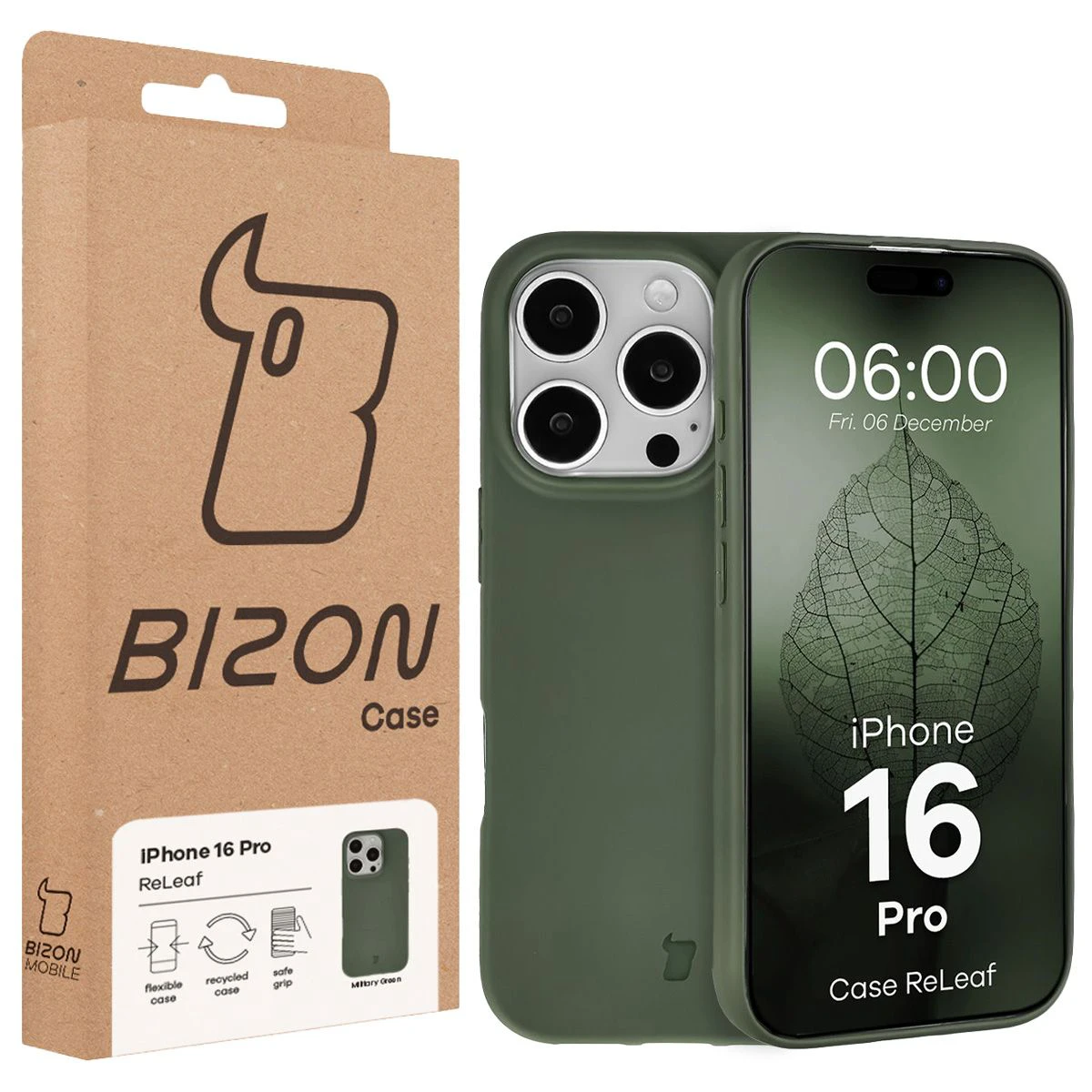 Przód pudełka Bizon Case z dedykowaną etykietą do Apple iPhone 16 Pro