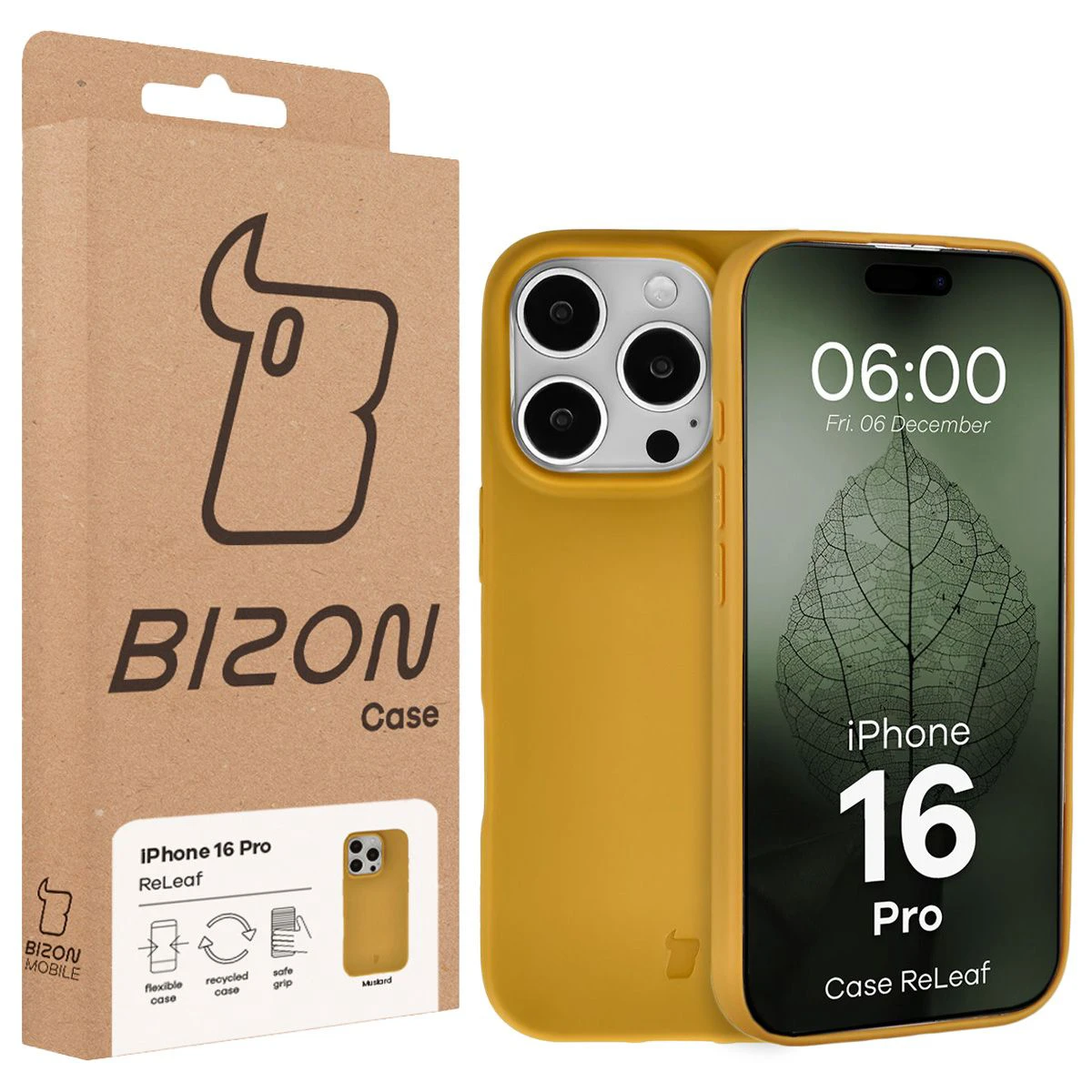 Przód pudełka Bizon Case z dedykowaną etykietą do Apple iPhone 16 Pro