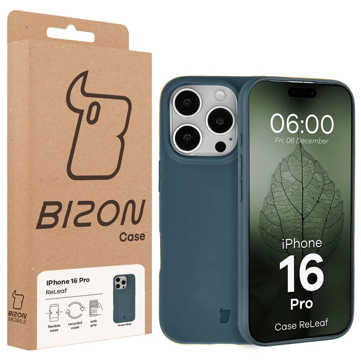 Przód pudełka Bizon Case z dedykowaną etykietą do Apple iPhone 16 Pro