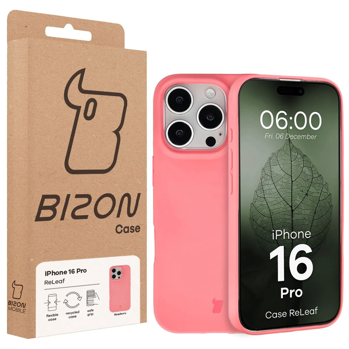 Przód pudełka Bizon Case z dedykowaną etykietą do Apple iPhone 16 Pro