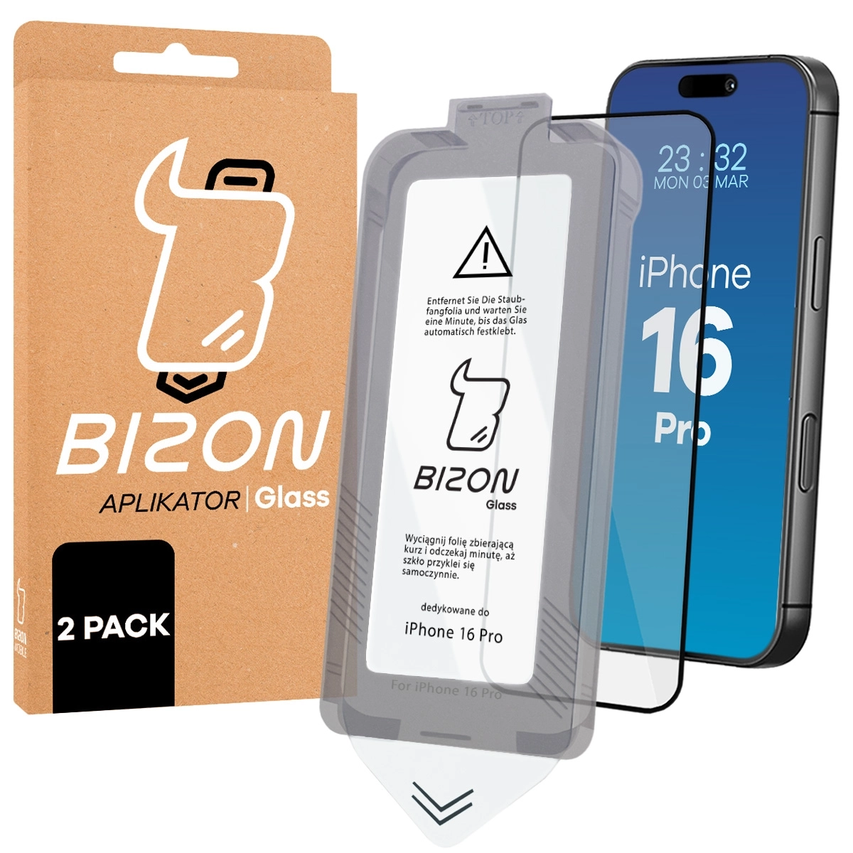 Szkło do łatwej aplikacji Bizon Glass Aplikator dla iPhone 16 Pro