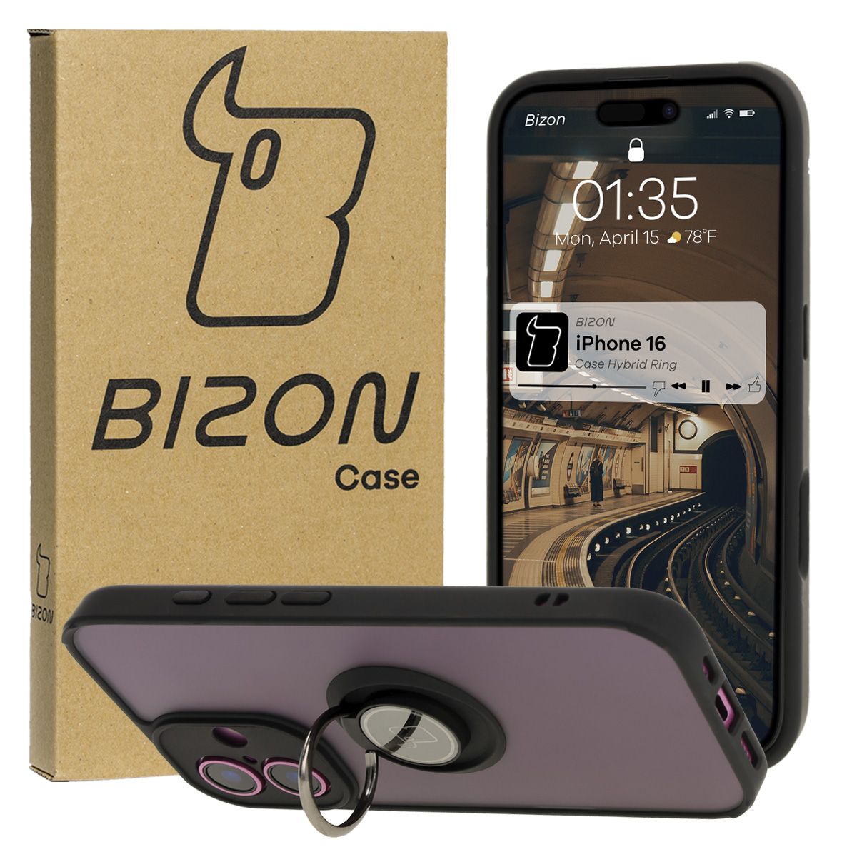 Etui z uchwytem na palec Bizon Case Hybrd Ring do Apple iPhone 16