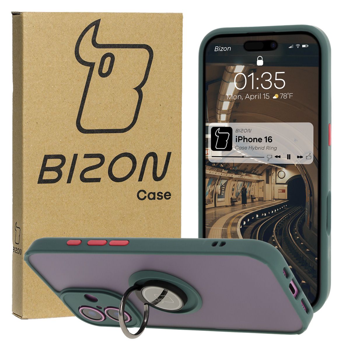 Etui z uchwytem na palec Bizon Case Hybrd Ring do Apple iPhone 16