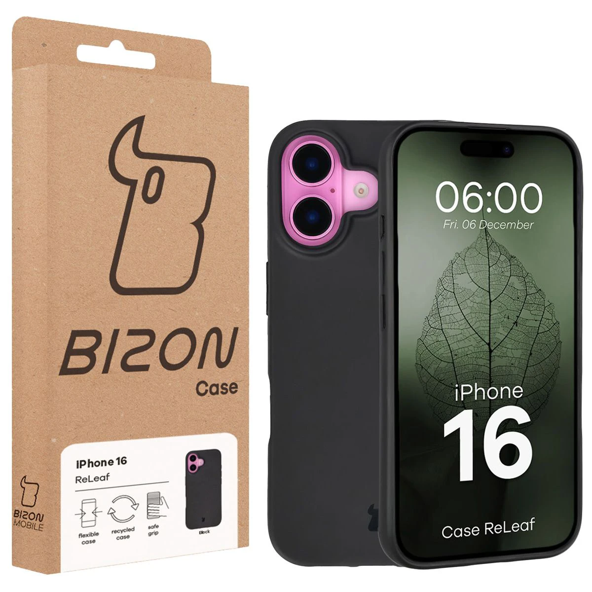 Przód pudełka Bizon Case z dedykowaną etykietą do Apple iPhone 16