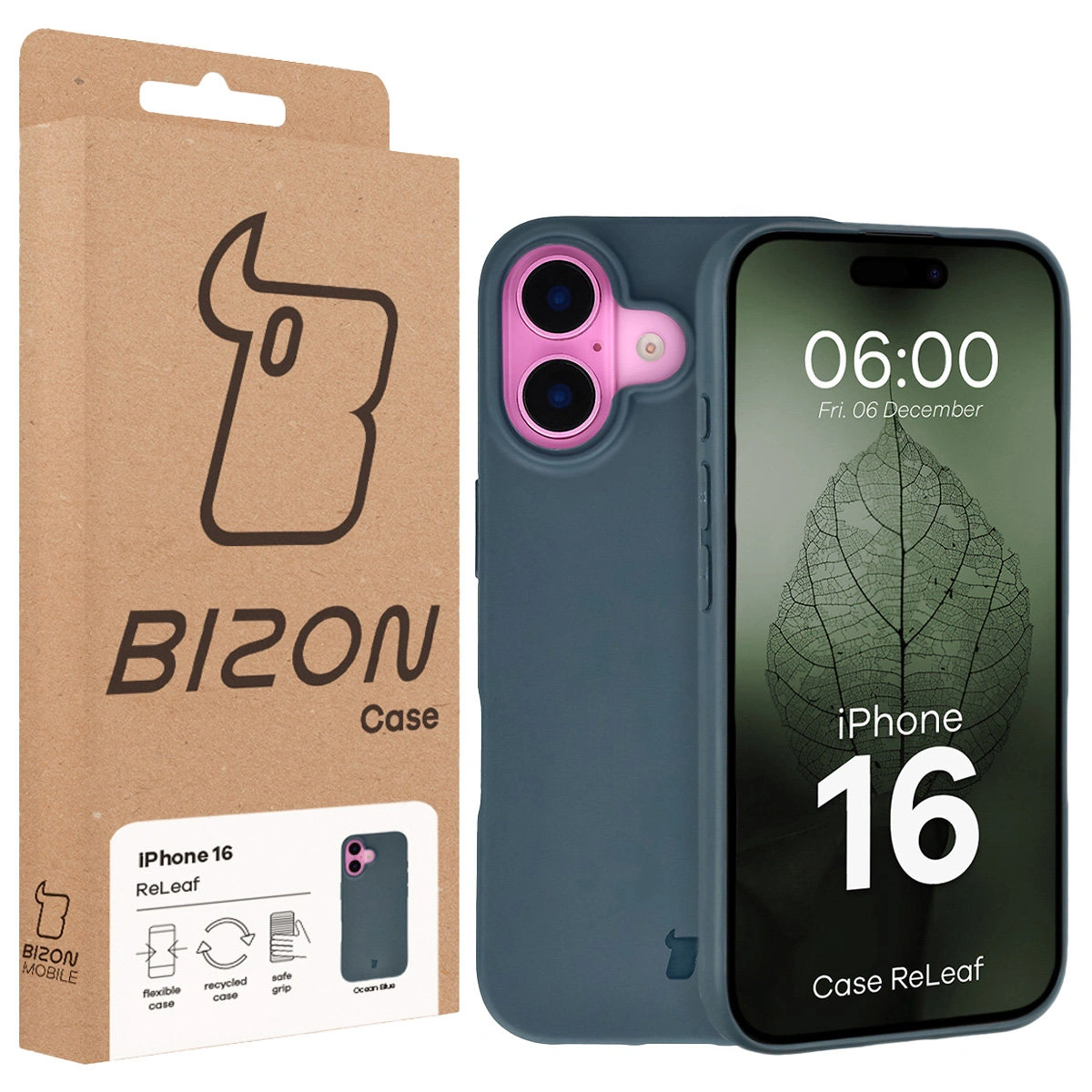 Przód pudełka Bizon Case z dedykowaną etykietą do Apple iPhone 16