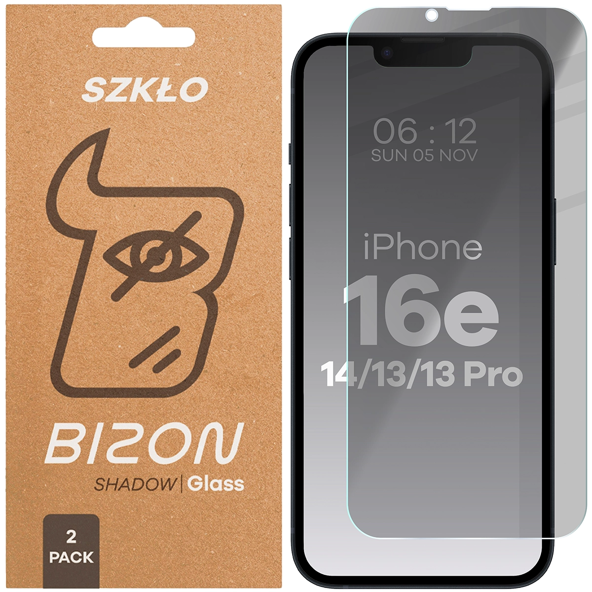Pudełko i szkło prywatyzujące Bizon Glass Clear Shadow Duo do Apple iPhone 16e / Apple iPhone 14 / Apple iPhone 13 Pro / Apple iPhone 13
