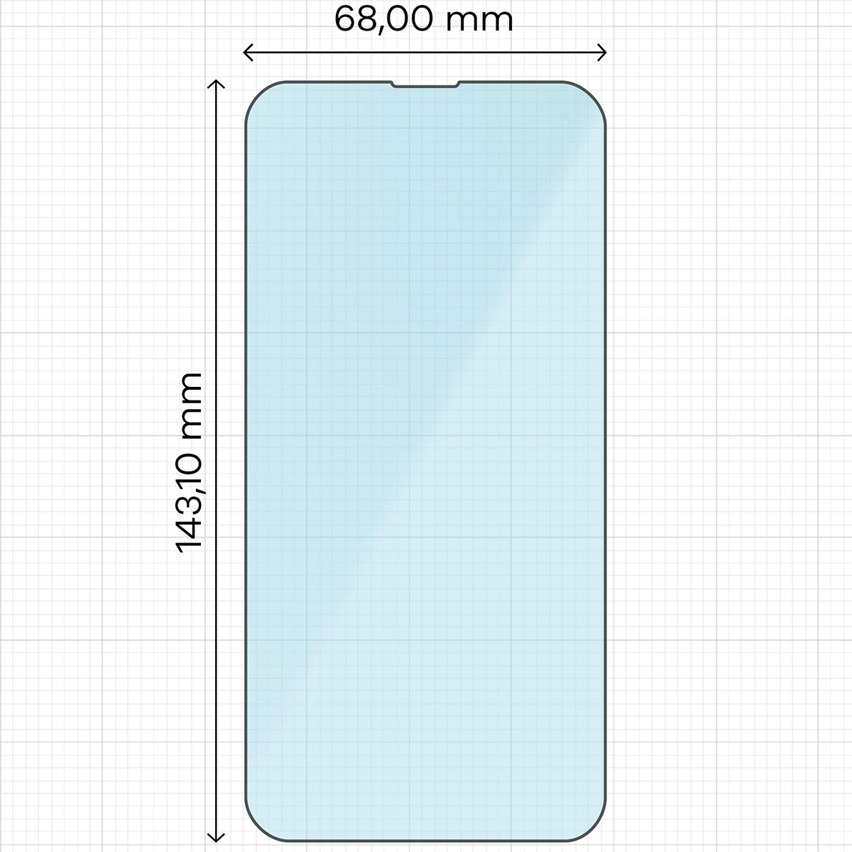 Miarka z wymiarami szkła hartowanego Bizon Smart Glass do Apple iPhone 16e / Apple iPhone 14 / Apple iPhone 13 Pro / Apple iPhone 13