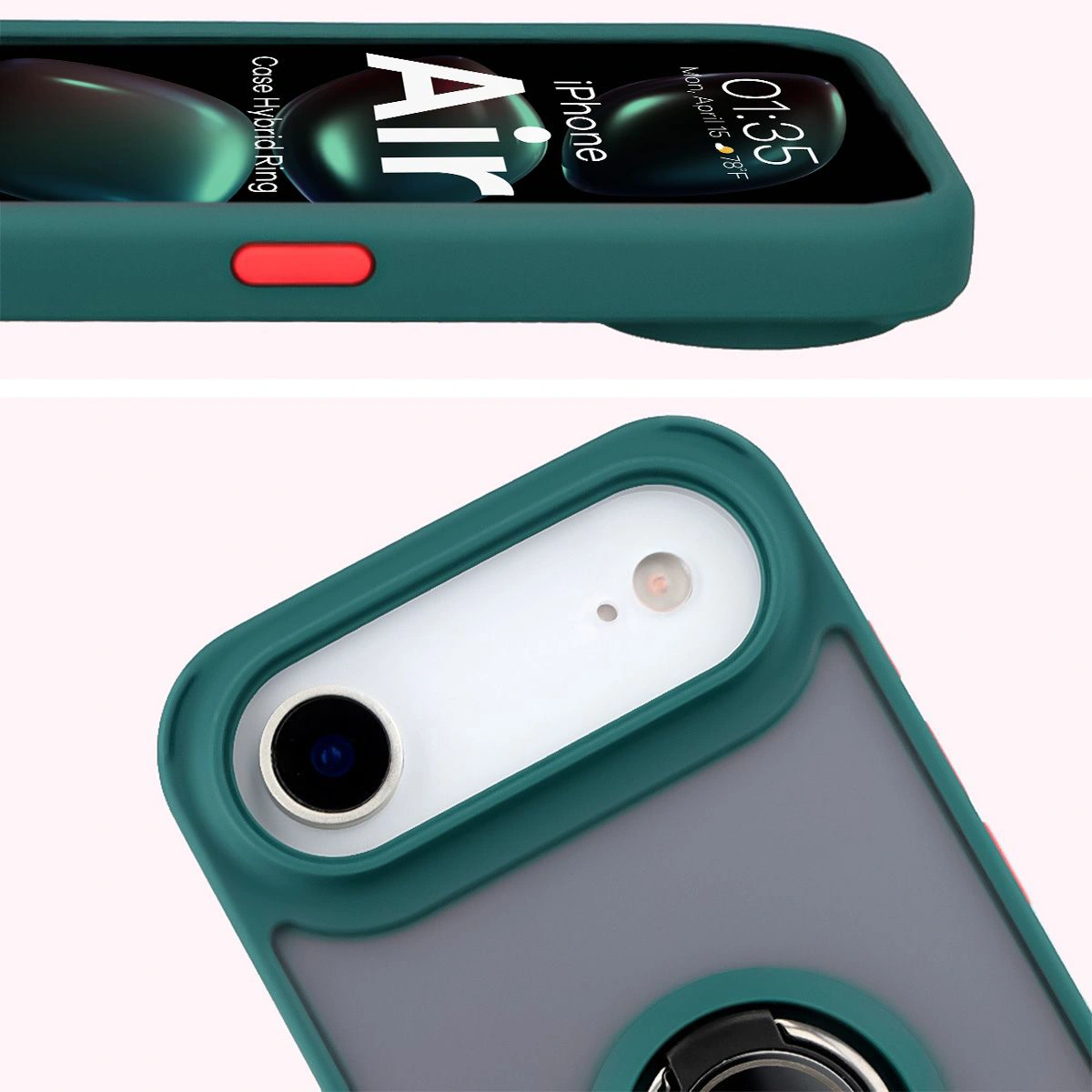 Zbliżenie na podwyższone krawędzie przy wyświetlaczu i wyspie aparatu w etui Bizon Hybrid Ring do Apple iPhone 17 Air