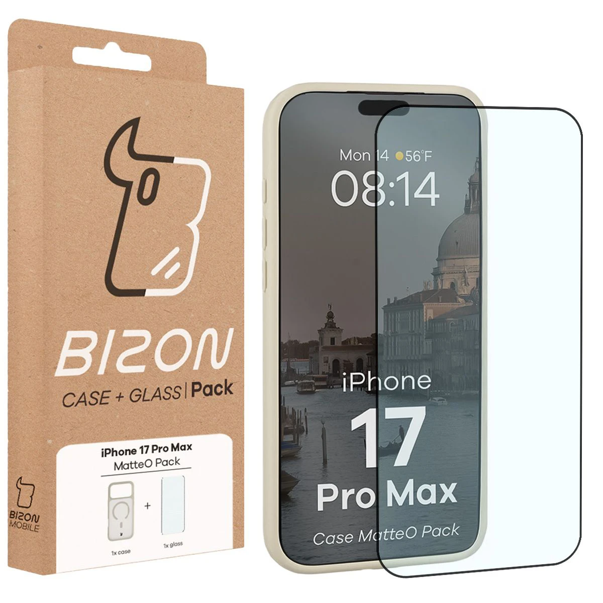 Przód pudełka Bizon Case Matteo Pack z dedykowaną etykietą do Apple iPhone 17 Pro Max