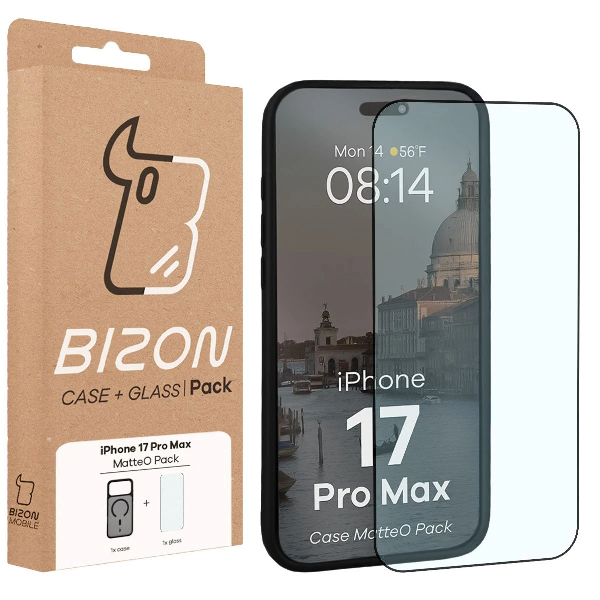 Przód pudełka Bizon Case Matteo Pack z dedykowaną etykietą do Apple iPhone 17 Pro Max