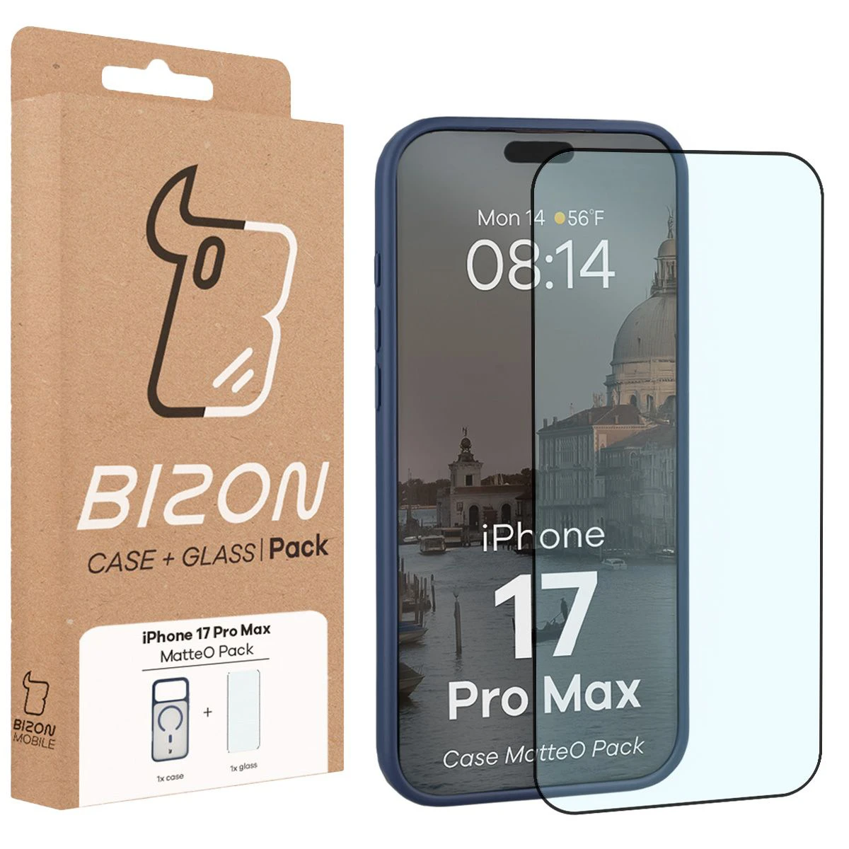 Przód pudełka Bizon Case Matteo Pack z dedykowaną etykietą do Apple iPhone 17 Pro Max