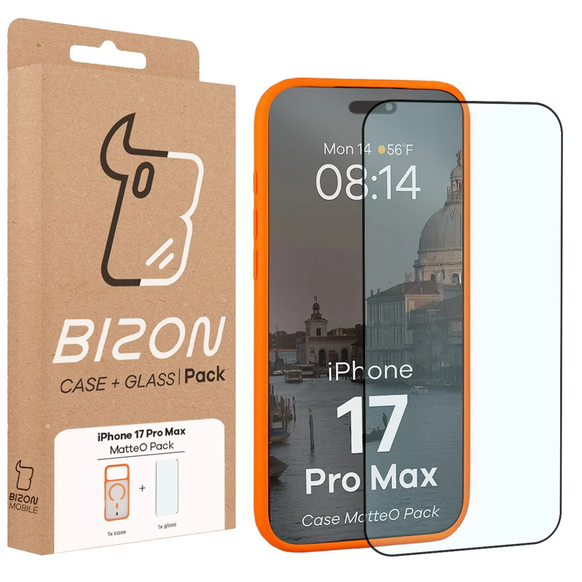 Przód pudełka Bizon Case Matteo Pack z dedykowaną etykietą do Apple iPhone 17 Pro Max