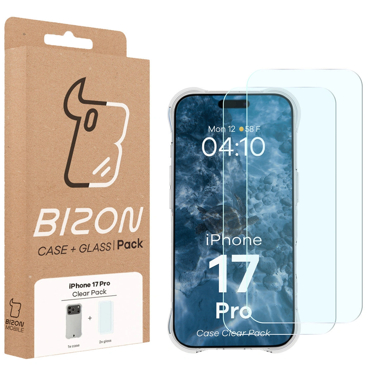 Przód pudełka Bizon Case+Glass z dedykowaną etykietą do Apple iPhone 17 Pro