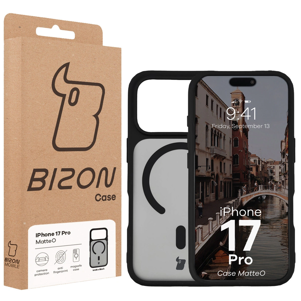 Przód pudełka Bizon Case z dedykowaną etykietą do Apple iPhone 17 Pro