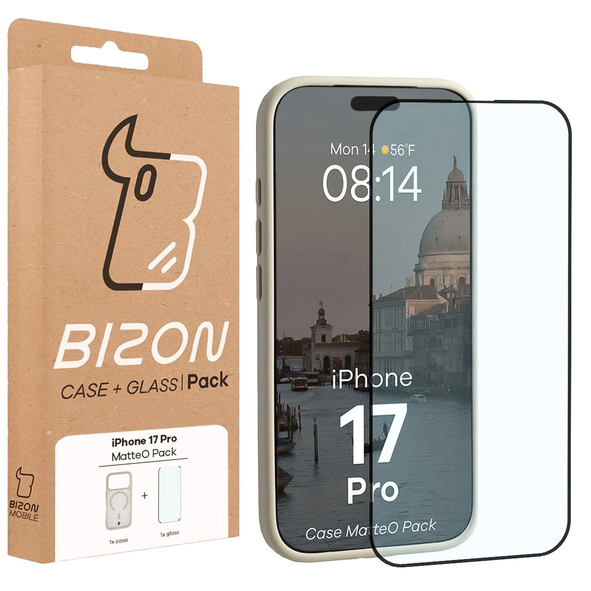 Przód pudełka Bizon Case Matteo Pack z dedykowaną etykietą do Apple iPhone 17 Pro