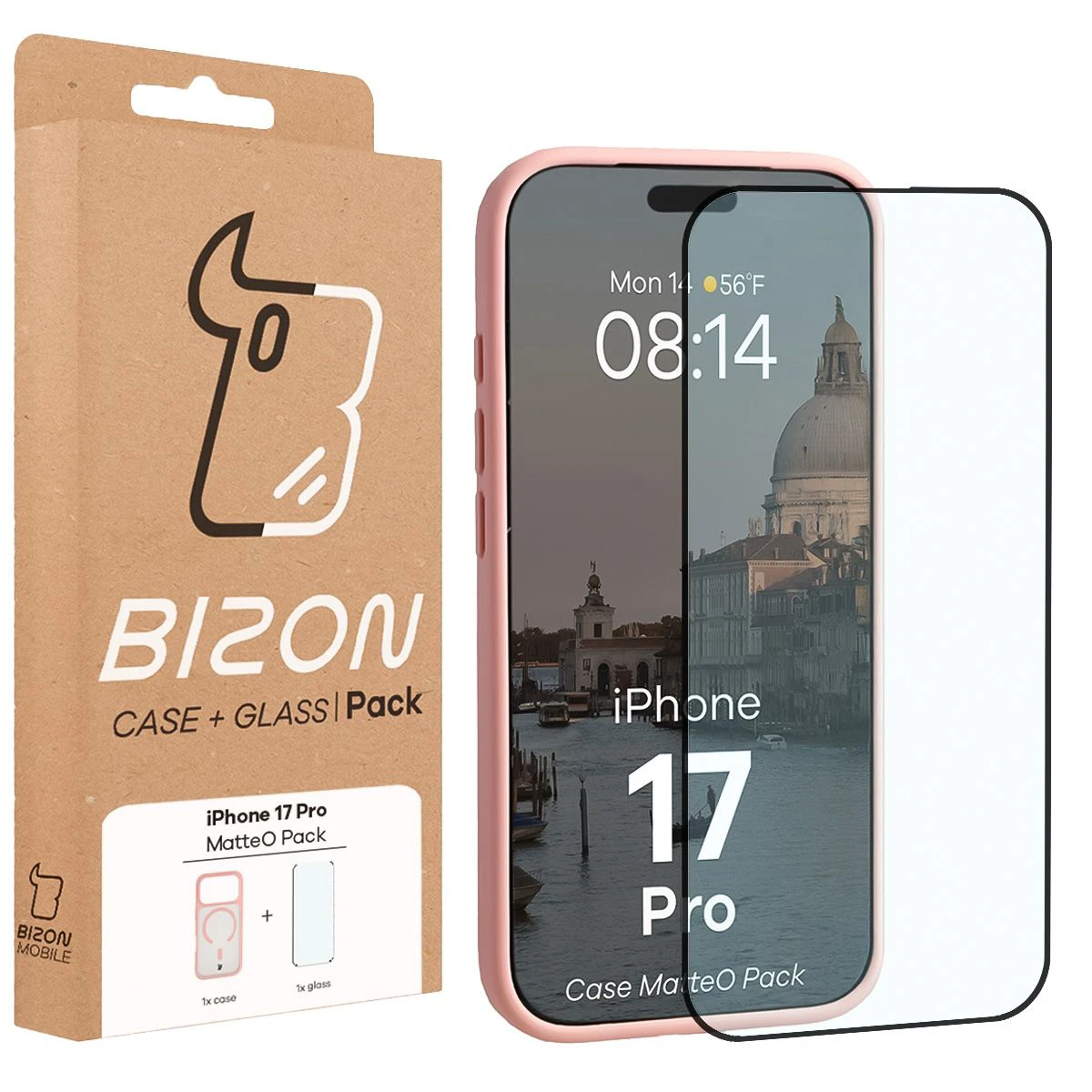 Przód pudełka Bizon Case Matteo Pack z dedykowaną etykietą do Apple iPhone 17 Pro