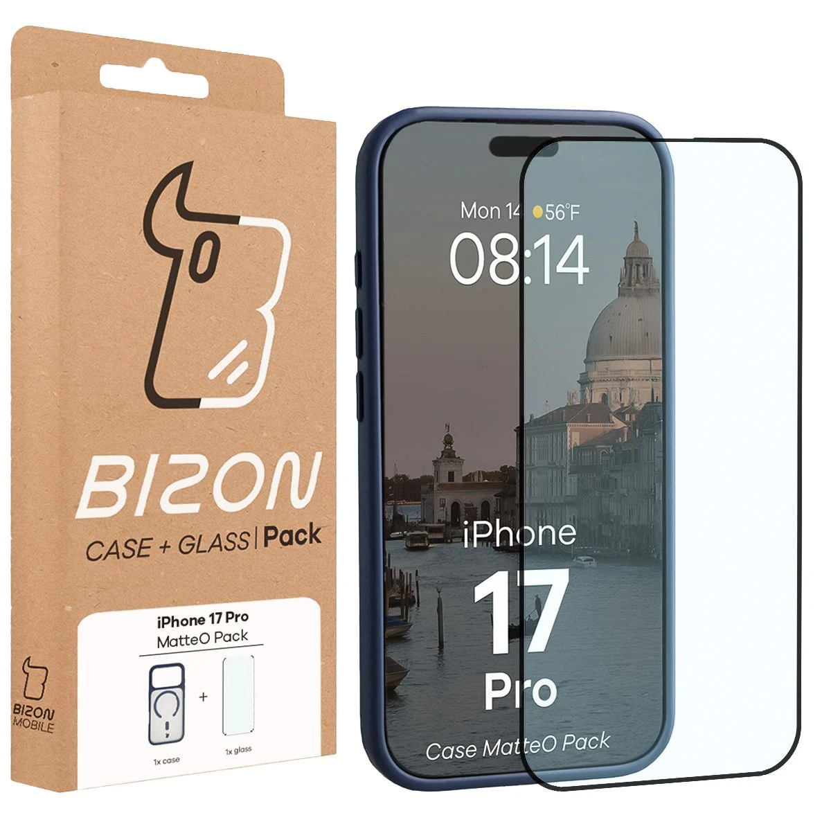 Przód pudełka Bizon Case Matteo Pack z dedykowaną etykietą do Apple iPhone 17 Pro