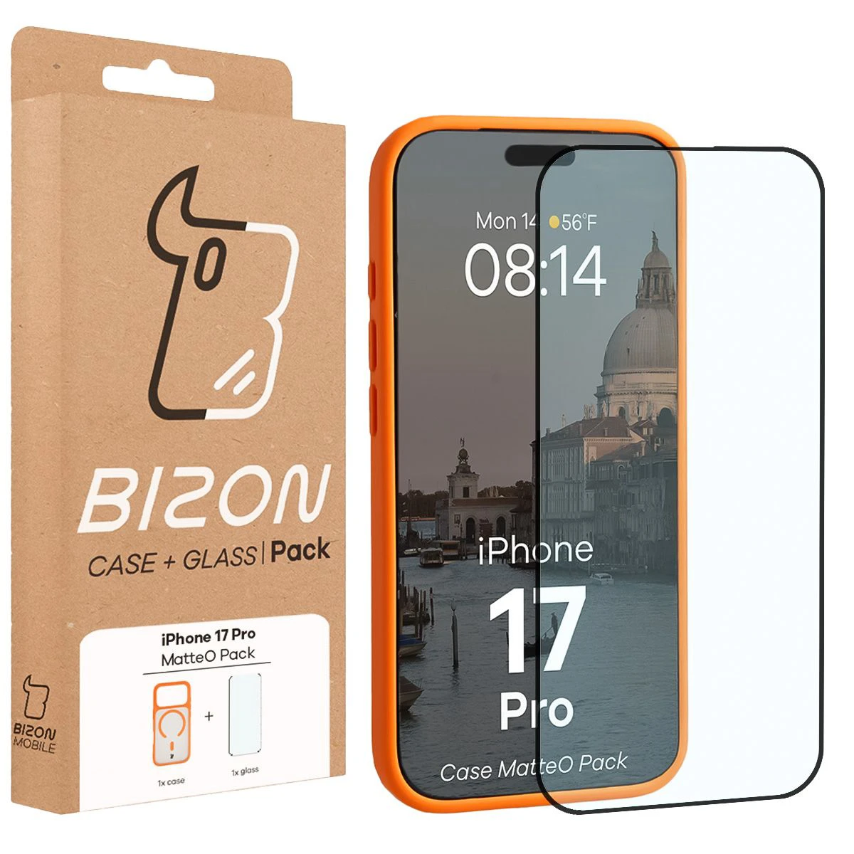 Przód pudełka Bizon Case Matteo Pack z dedykowaną etykietą do Apple iPhone 17 Pro