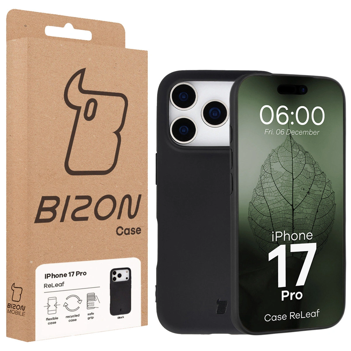 Przód pudełka Bizon Case z dedykowaną etykietą do Apple iPhone 17 Pro