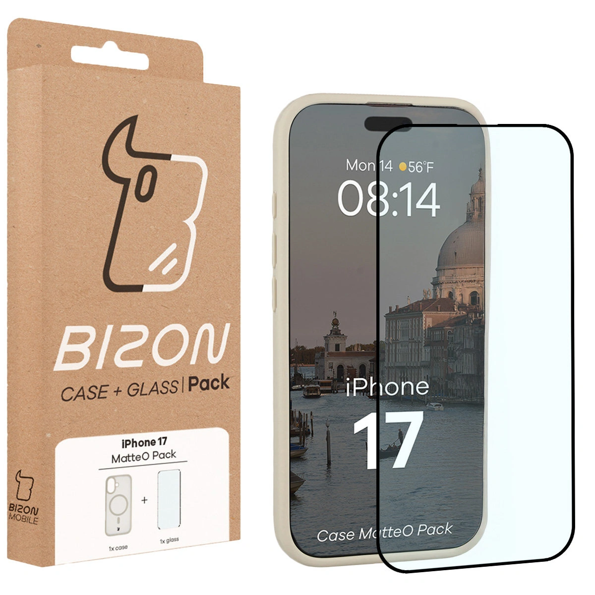 Przód pudełka Bizon Case Matteo Pack z dedykowaną etykietą do Apple iPhone 17