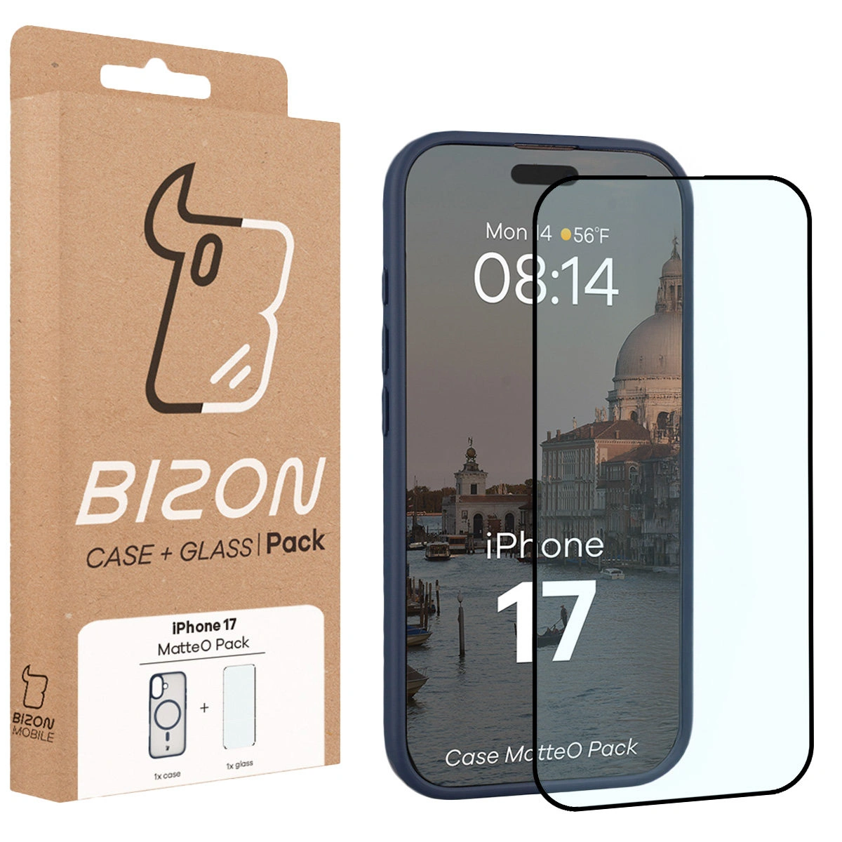 Przód pudełka Bizon Case Matteo Pack z dedykowaną etykietą do Apple iPhone 17