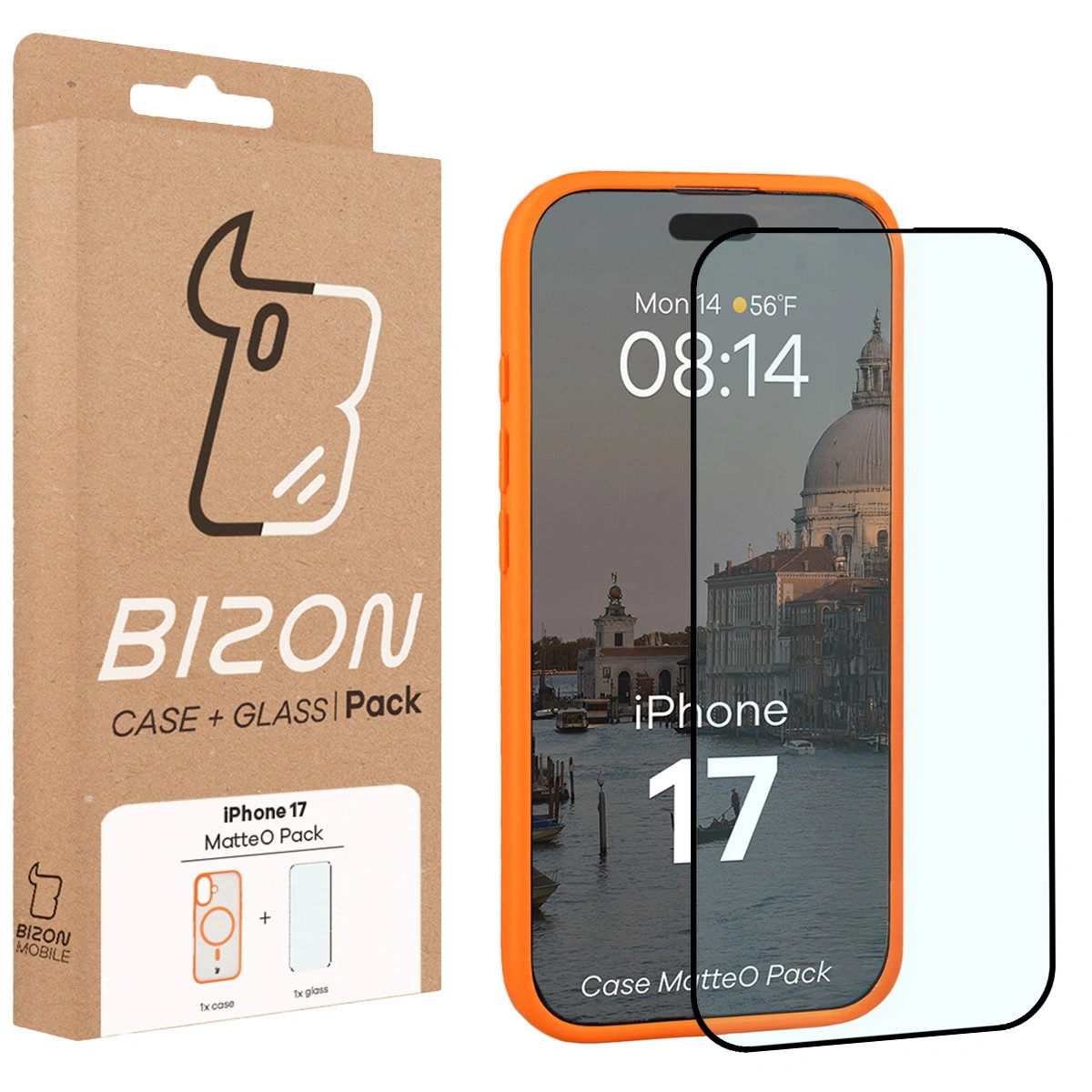 Przód pudełka Bizon Case Matteo Pack z dedykowaną etykietą do Apple iPhone 17