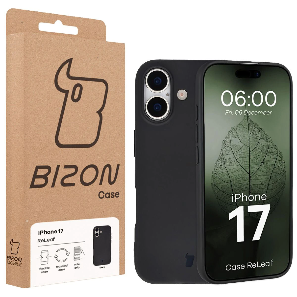 Przód pudełka Bizon Case z dedykowaną etykietą do Apple iPhone 17