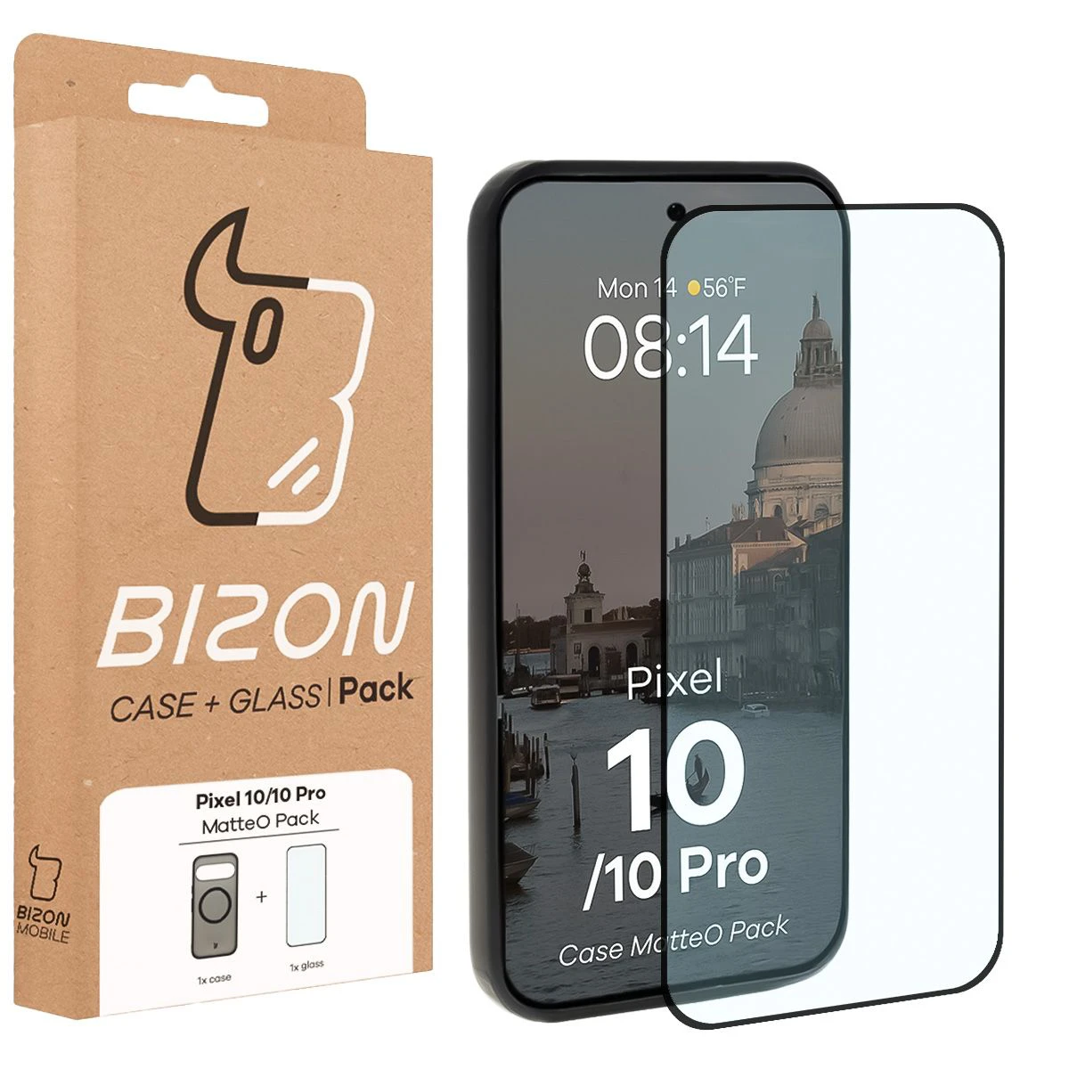 Przód pudełka Bizon Case Matteo Pack z dedykowaną etykietą do Google Pixel 10 / Google Pixel 10 Pro