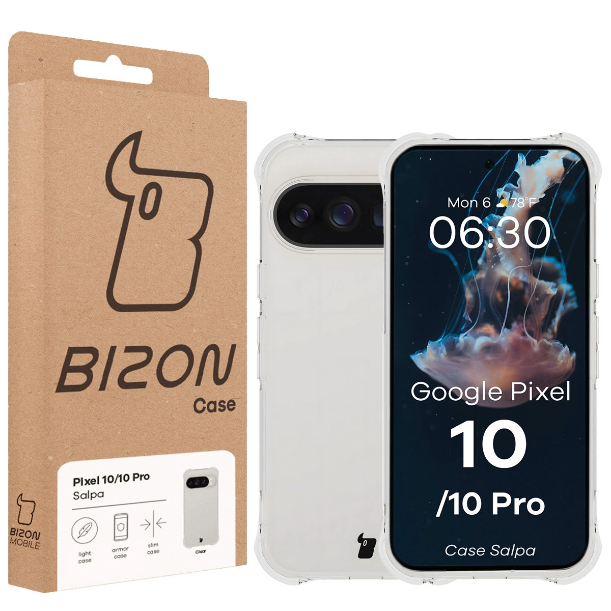 Przód pudełka Bizon Case z dedykowaną etykietą do Google Pixel 10 / Google Pixel 10 Pro