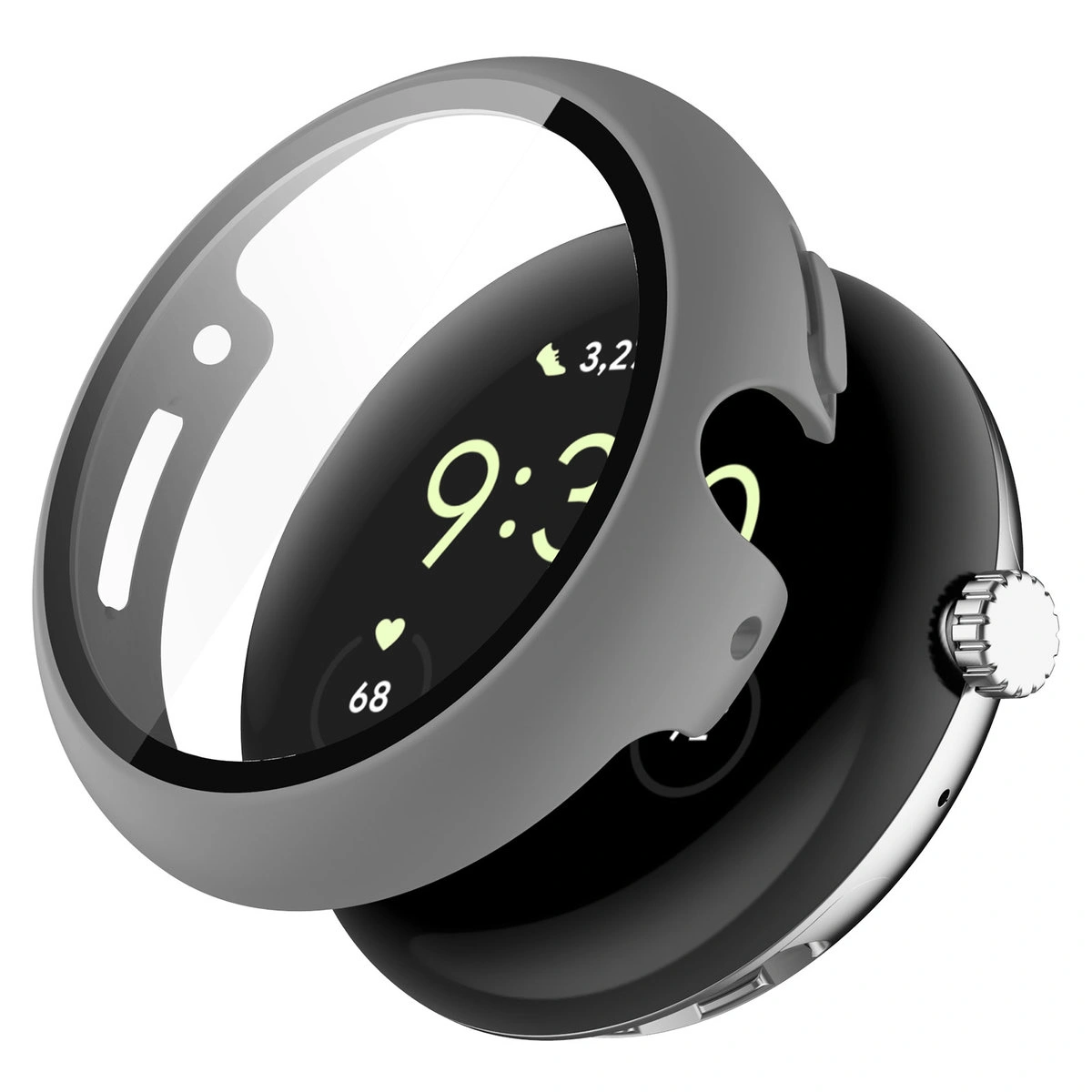 Wizualizacja nakładania etui Bizon Case+Glass Watch do Google Pixel Watch 4 45 mm