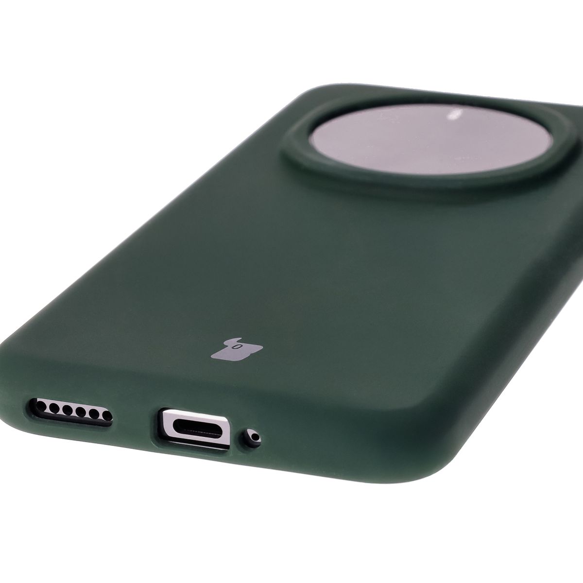 Close-up of precise cutouts and wireless charging capability in the Bison Soft Case