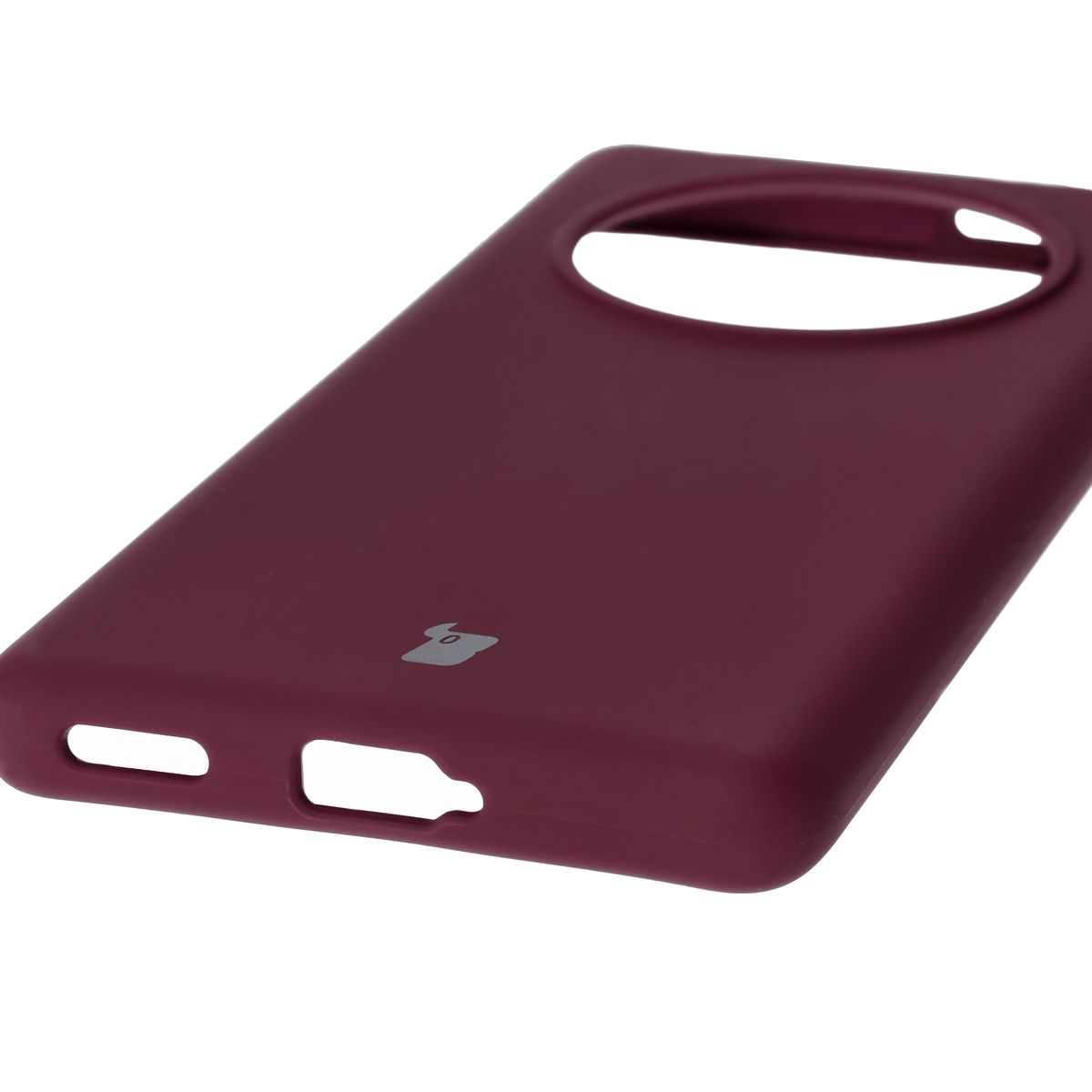 Close-up of precise cutouts and wireless charging capability in the Bison Soft Case