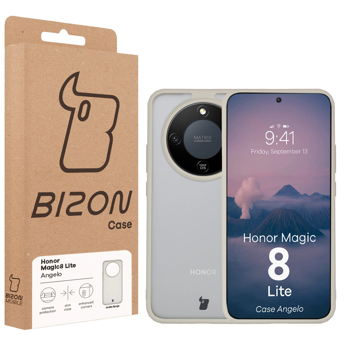 Przód pudełka Bizon Case z dedykowaną etykietą do Honor Magic8 Lite