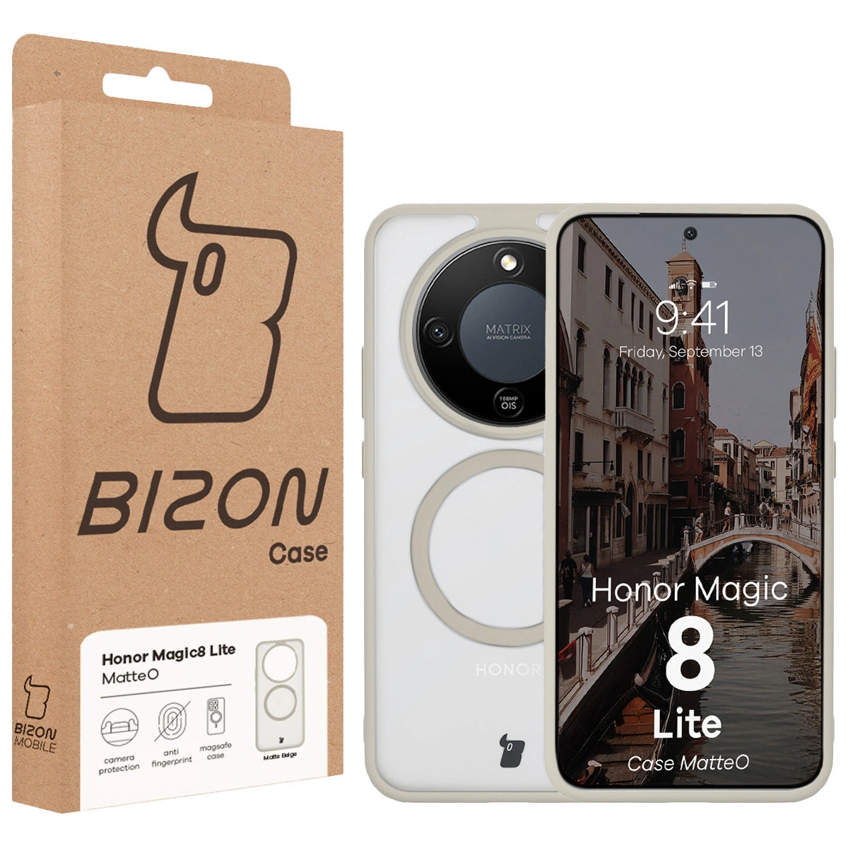 Przód pudełka Bizon Case z dedykowaną etykietą do Honor Magic8 Lite