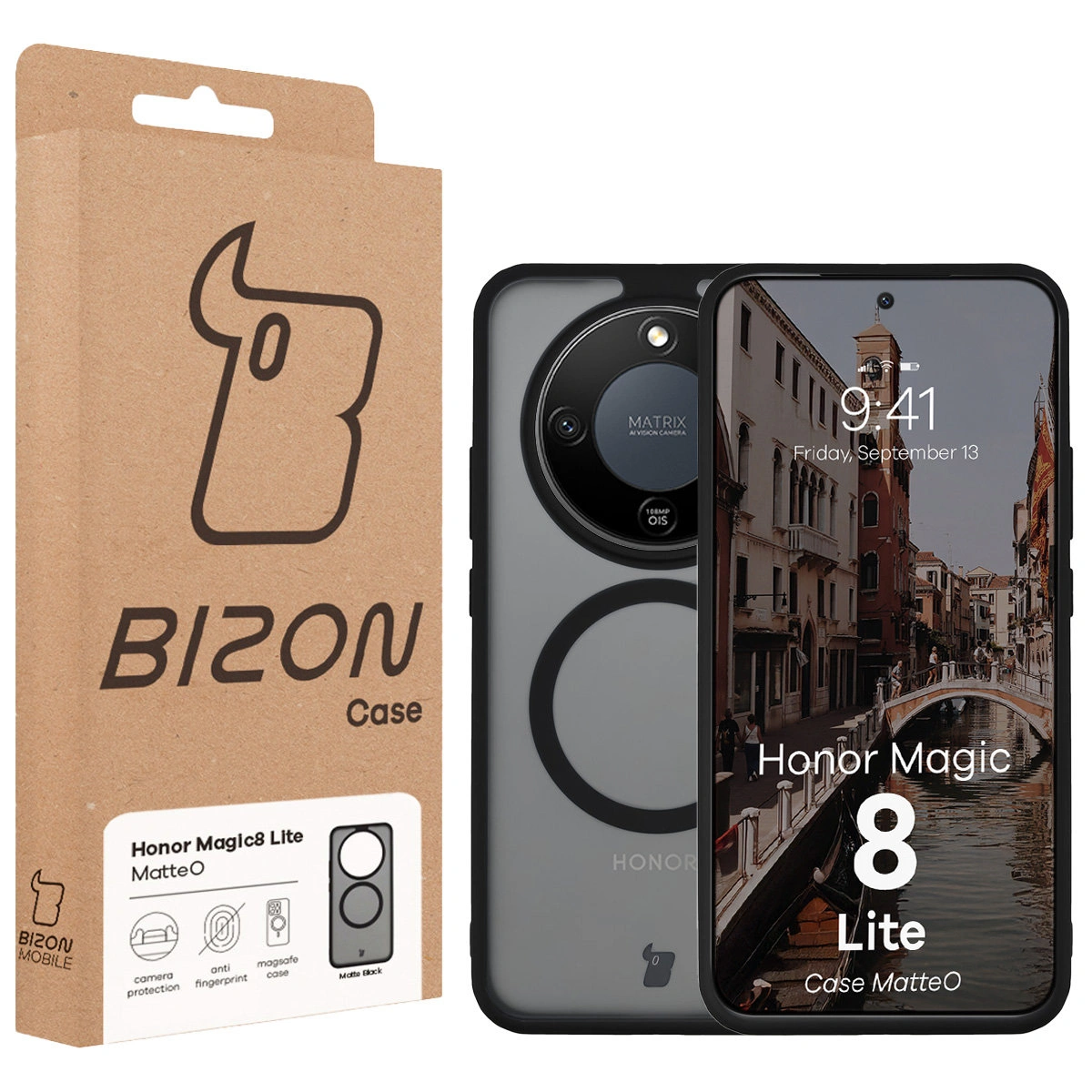 Przód pudełka Bizon Case z dedykowaną etykietą do Honor Magic8 Lite